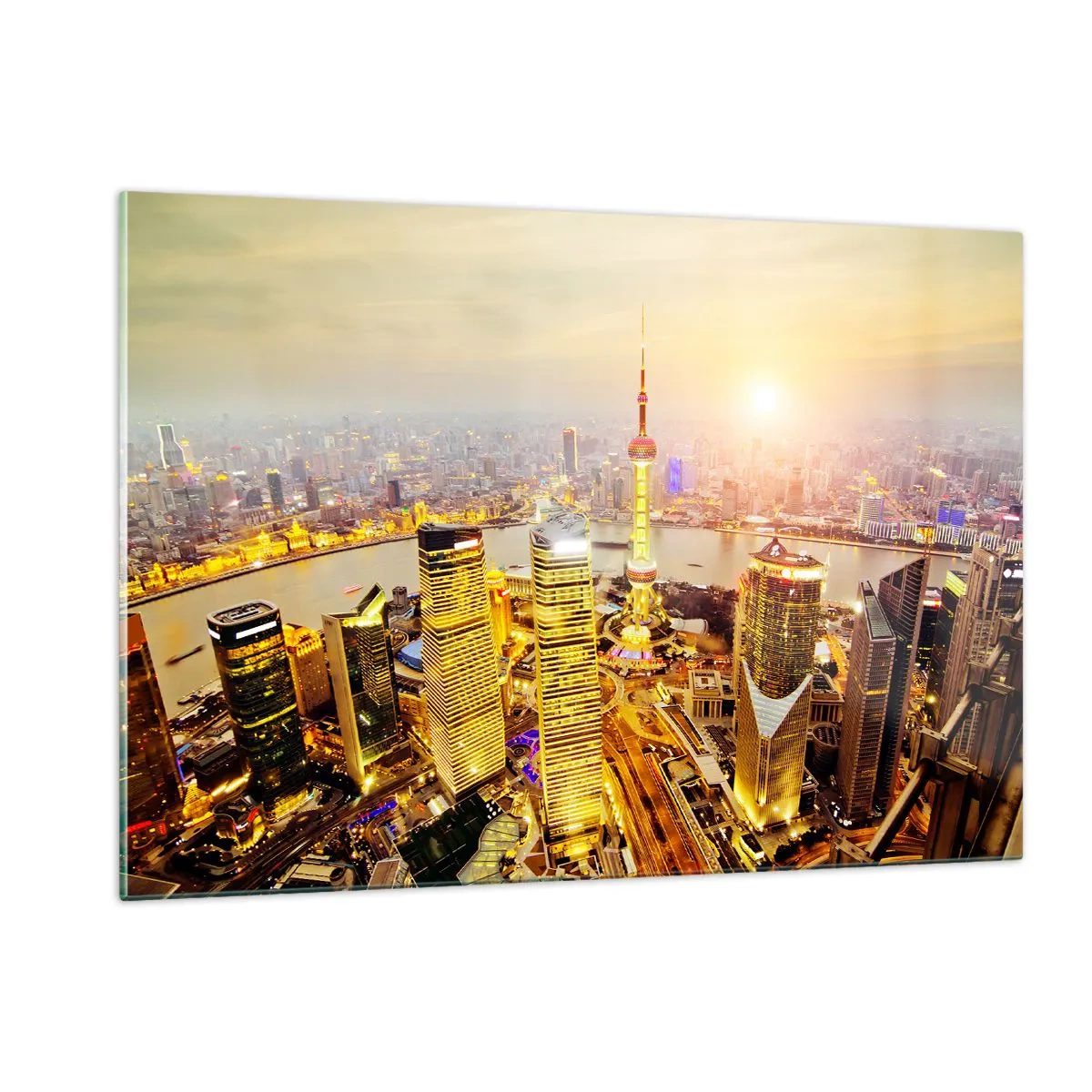 Impression sur verre - Image sur verre - Panorama de la ville au coucher du soleil avec des gratte-ciels - 120x80cm - Rêve asiatique - Décoration murale moderne pour le salon et la chambre ARTTOR