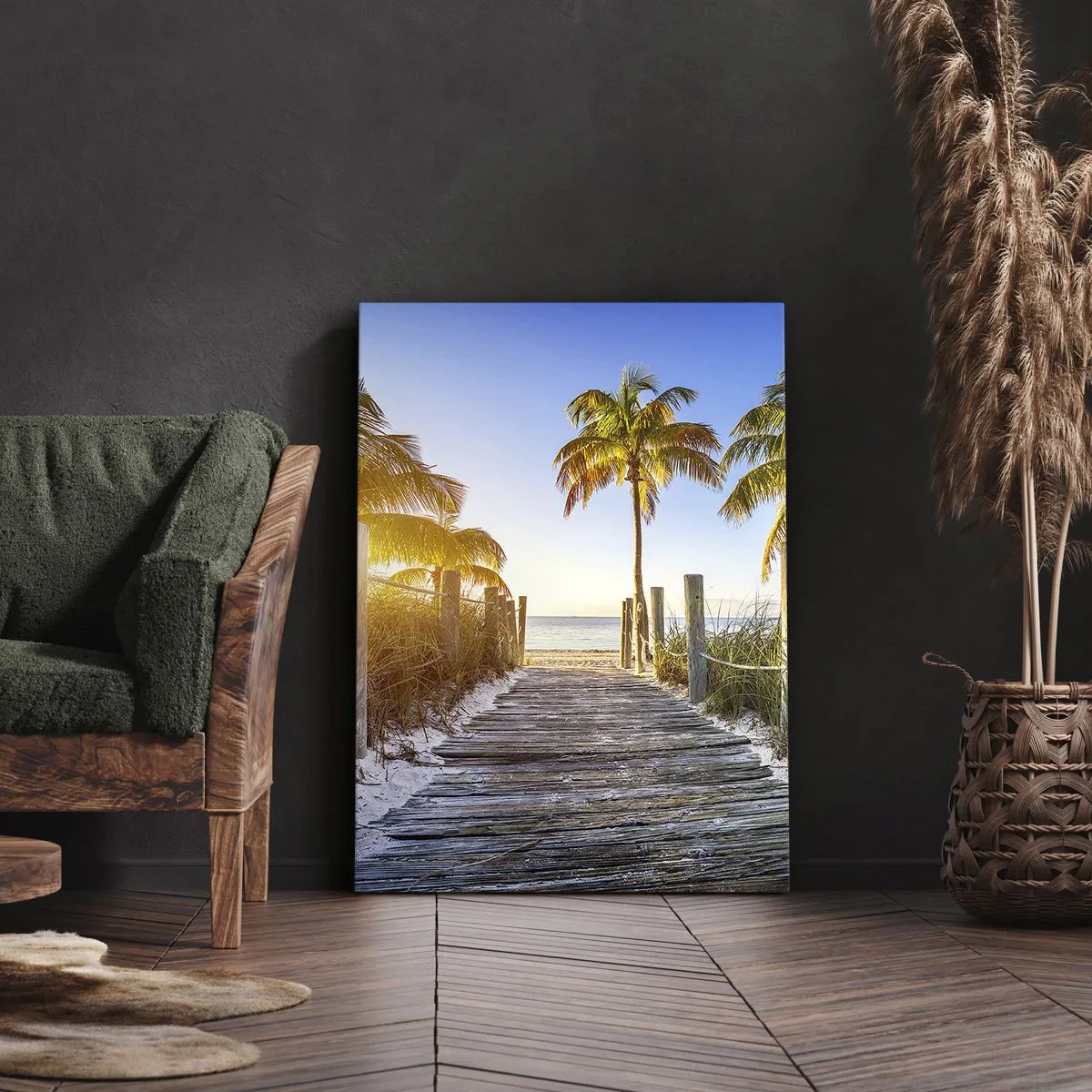 Impression sur toile - Image sur toile - Chemin en bois sur la plage avec des palmiers en arrière-plan - 70x100cm - Directement au paradis - Décoration murale moderne pour le salon et la chambre ARTTOR