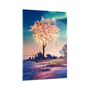 Impression sur verre - Image sur verre - Un paysage magique avec un arbre en fleurs et un chalet - 50x70cm - La nature ne passe pas - Décoration murale moderne pour le salon et la chambre ARTTOR