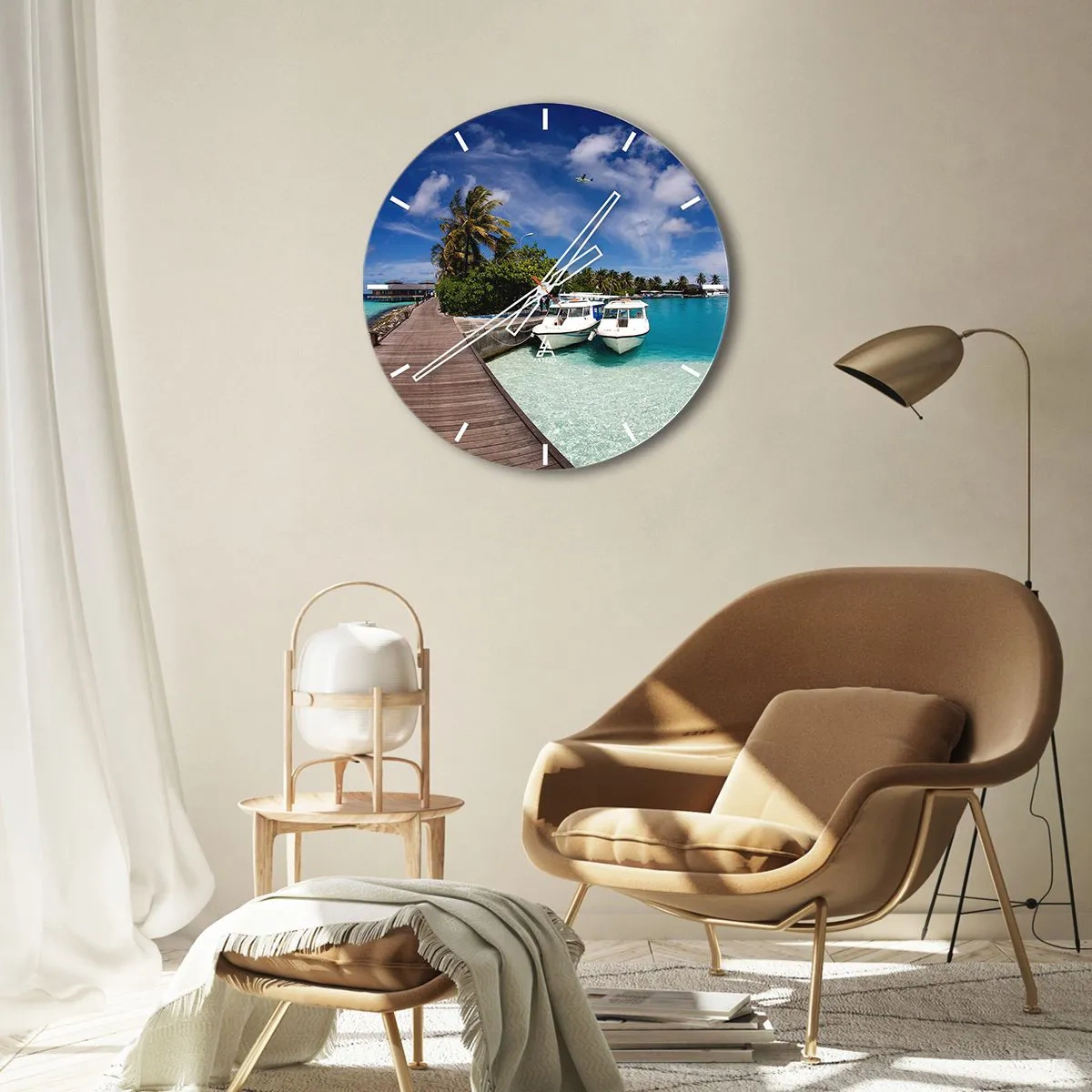 Horloge murale - Pendule murale - Vue exotique de la jetée avec des bateaux et de l'eau turquoise - 30x30cm - Et cependant, le paradis existe bien - Décoration murale moderne pour le salon, la cuisine et la chambre ARTTOR