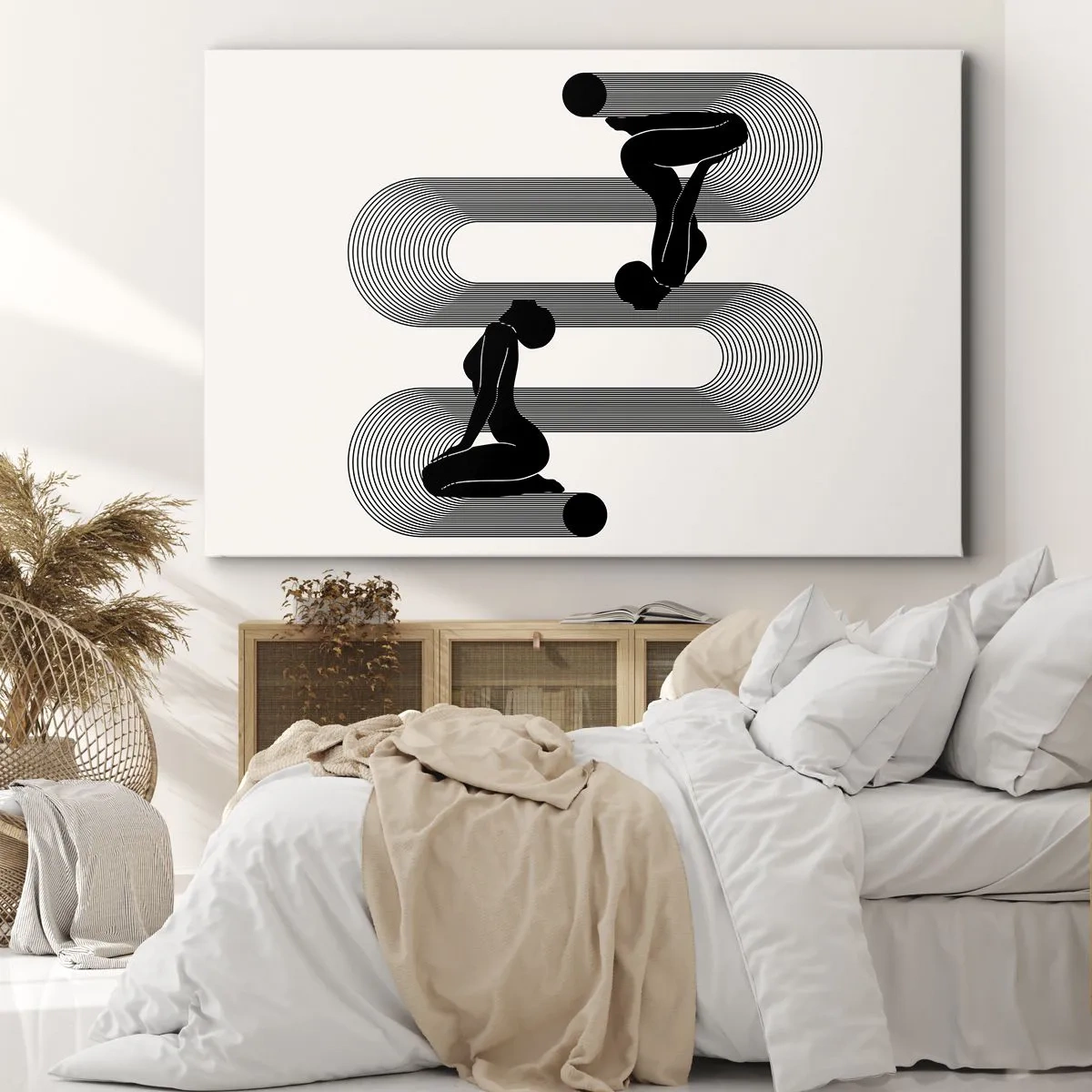 Impression sur toile - Image sur toile - Silhouettes noires avec des lignes géométriques sur fond clair - 100x70cm - Symétrie sensuelle - Décoration murale moderne pour le salon et la chambre ARTTOR