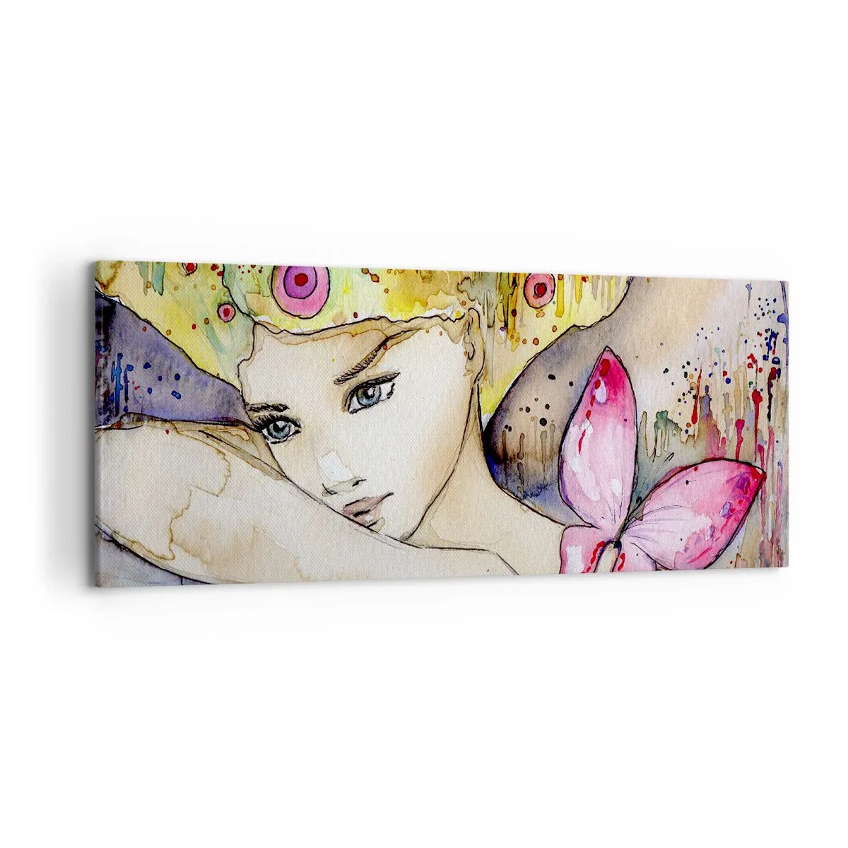 Impression sur toile - Image sur toile - Une femme avec une coiffure abstraite et un papillon rose - 120x50cm - La princesse papillon - Décoration murale moderne pour le salon et la chambre ARTTOR