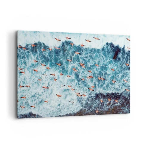 Impression sur toile - Image sur toile - Vue aérienne de flamants roses sur un océan bleu - 120x80cm - Défilé du bord de mer - Décoration murale moderne pour le salon et la chambre ARTTOR