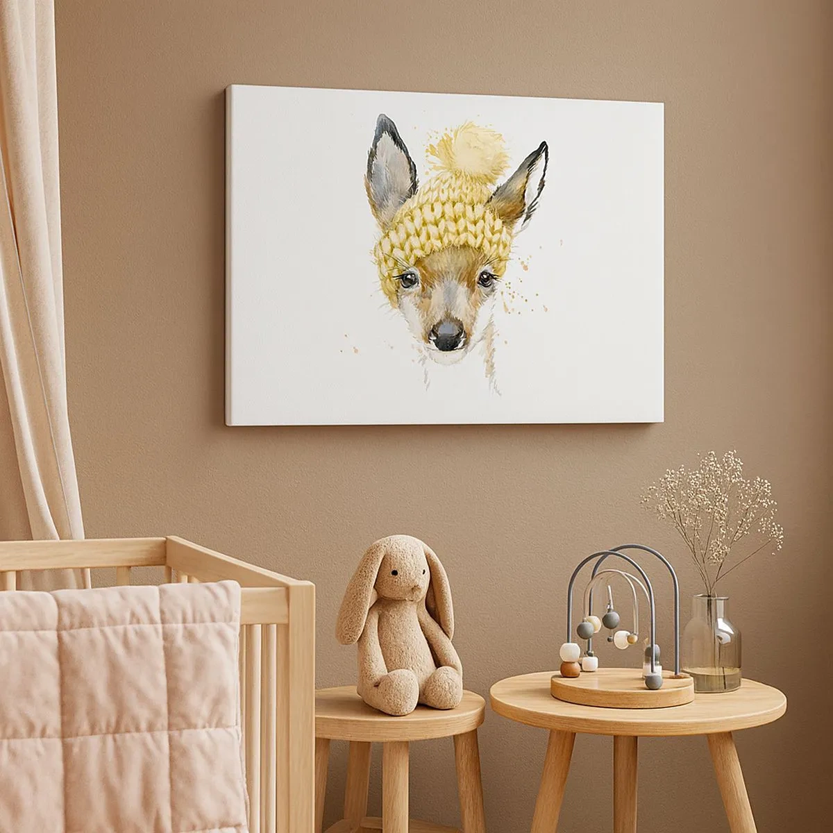 Impression sur toile - Image sur toile - Cerf aquarelle avec une casquette jaune - 70x50cm - Pour l'hiver dans la forêt enneigée - Décoration murale moderne pour le salon et la chambre ARTTOR