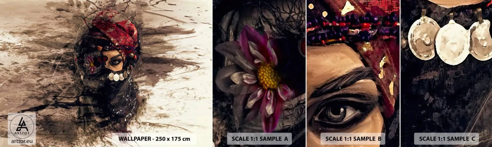 Échantillon de Papier Peint Autocollant Deluxe Sticker - Inquiétant, c'est le moins qu'on puisse dire - Abstraction, Visage de femme, Symboles orientaux - 100x30 cm