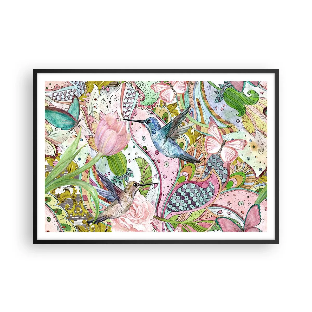 Affiche dans un cadre noir - Poster - Colibris et papillons colorés parmi les plantes - 100x70cm - Empêtré dans les vignes - Décoration murale moderne pour le salon et la chambre ARTTOR