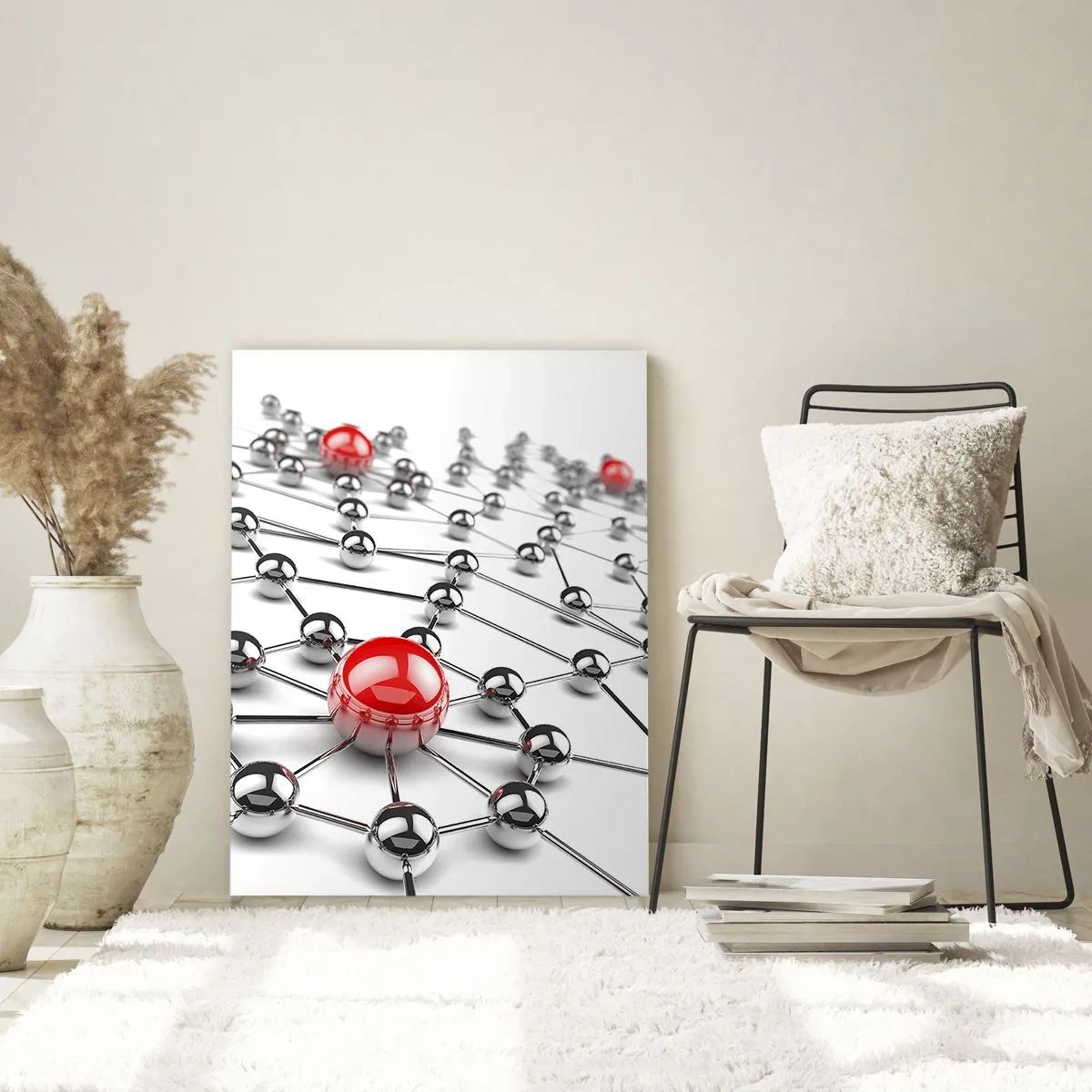 Impression sur verre - Image sur verre - Un réseau de boules métalliques aux accents rouges - 70x100cm - Toile argentée - Décoration murale moderne pour le salon et la chambre ARTTOR