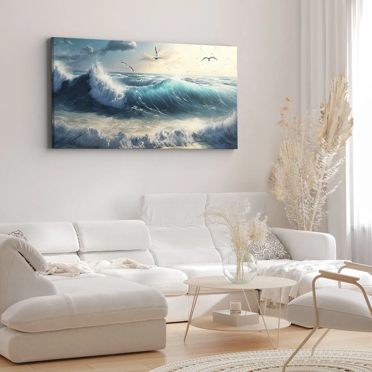 Impression sur toile - Image sur toile - Vagues de la mer sur la plage sous un ciel bleu avec des mouettes - 160x50cm - Ça bourdonne seulement pour toi - Décoration murale moderne pour le salon et la chambre ARTTOR