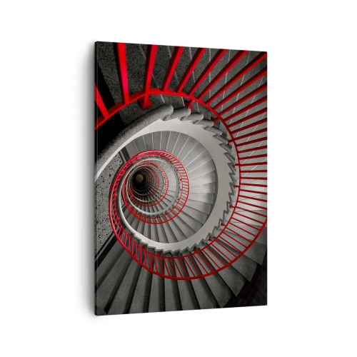Impression sur toile - Image sur toile - Escalier en colimaçon avec rampes rouges dans une perspective dynamique - 50x70cm - Amusement architectural - Décoration murale moderne pour le salon et la chambre ARTTOR