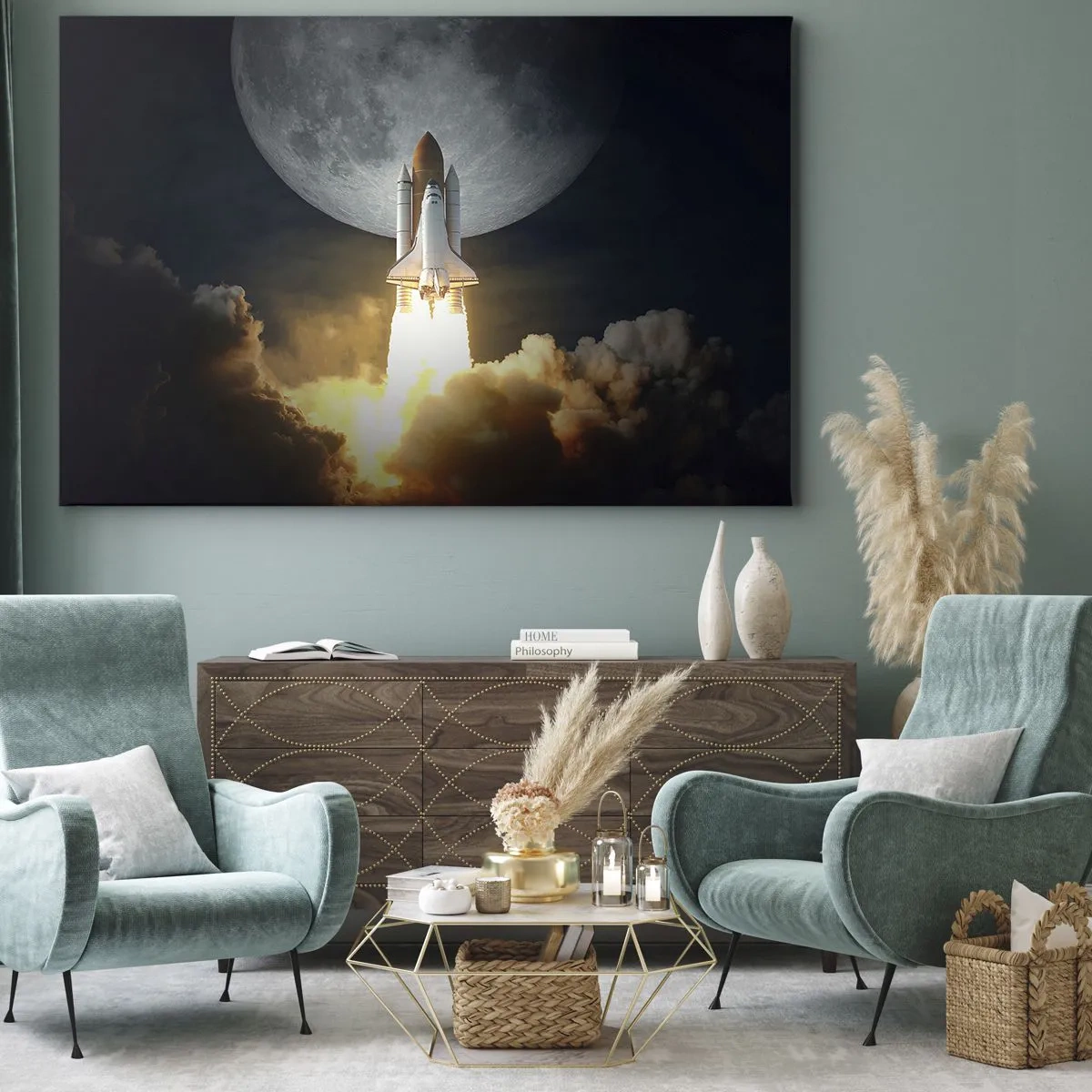 Impression sur toile - Image sur toile - Une fusée décollant sur fond de pleine lune entourée de nuages dynamiques. - 100x70cm - Le début d'une aventure surnaturelle - Décoration murale moderne pour le salon et la chambre ARTTOR