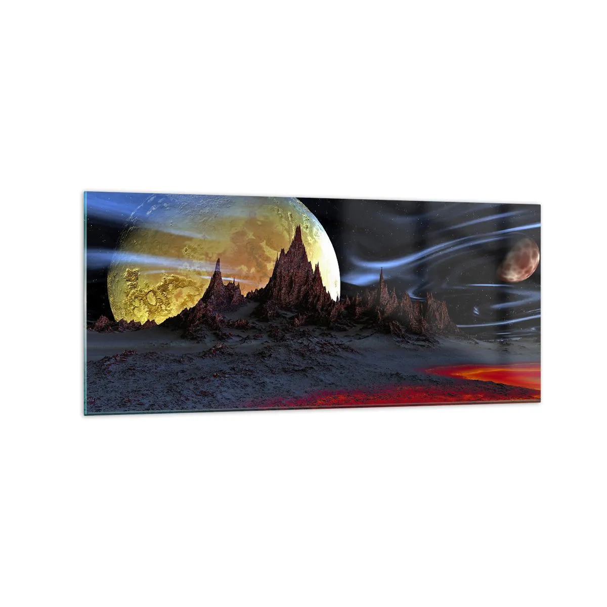 Impression sur verre - Image sur verre - Un paysage fantastique avec des planètes et des paysages volcaniques - 120x50cm - Monde inconnu - Décoration murale moderne pour le salon et la chambre ARTTOR