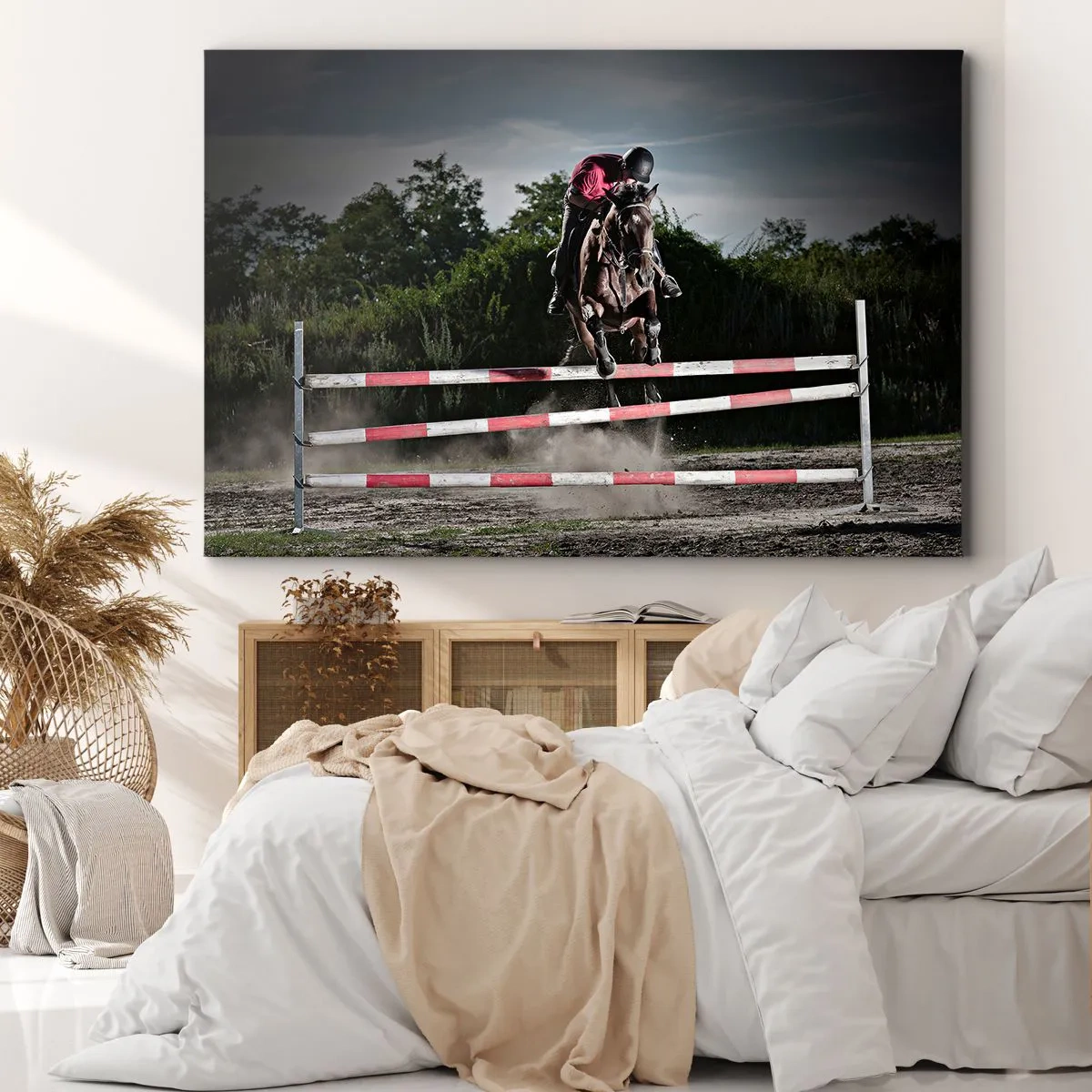 Impression sur toile - Image sur toile - Un cavalier sur un cheval sautant par-dessus un obstacle sur une piste de course - 70x50cm - Ensemble pour la victoire - Décoration murale moderne pour le salon et la chambre ARTTOR
