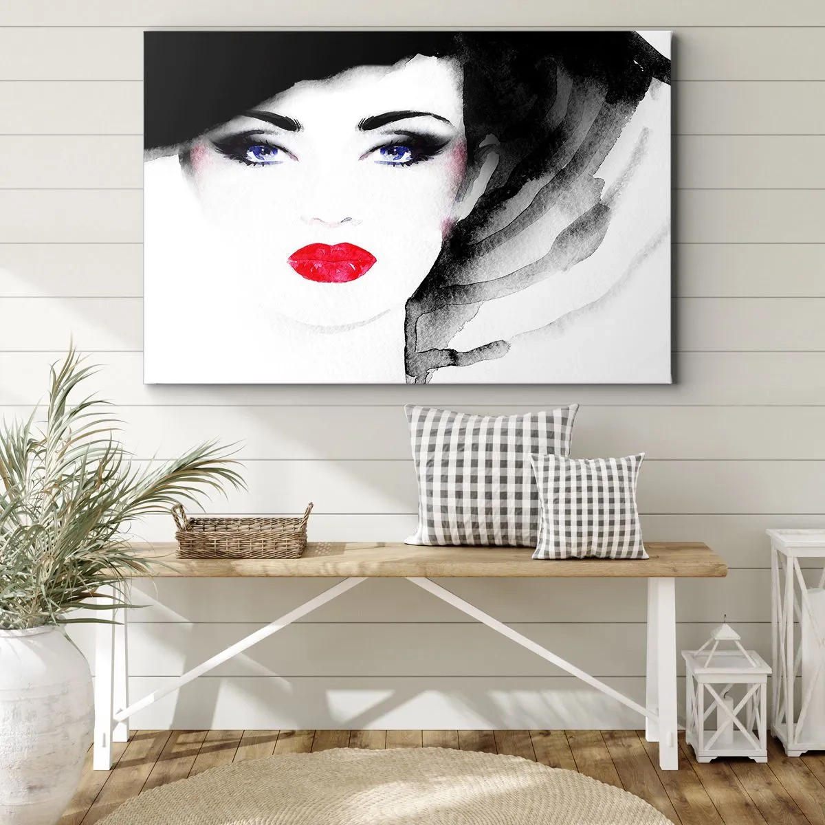 Impression sur toile - Image sur toile - Portrait d'une femme aux lèvres rouges et aux yeux bleus intenses - 120x80cm - Elle repousse et attire - Décoration murale moderne pour le salon et la chambre ARTTOR