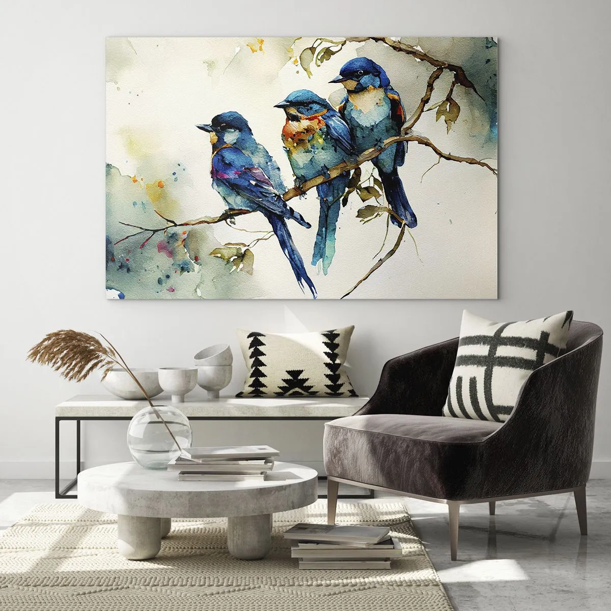 Impression sur verre - Image sur verre - Oiseaux colorés assis sur une branche à l'aquarelle - 120x80cm - A-t-il été offensé ? - Décoration murale moderne pour le salon et la chambre ARTTOR