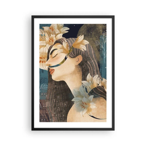 Affiche dans un cadre noir - Poster - Profil d'une femme entourée de lys sur fond bleu marine - 50x70cm - Conte de fée sur la princesse lilas - Décoration murale moderne pour le salon et la chambre ARTTOR