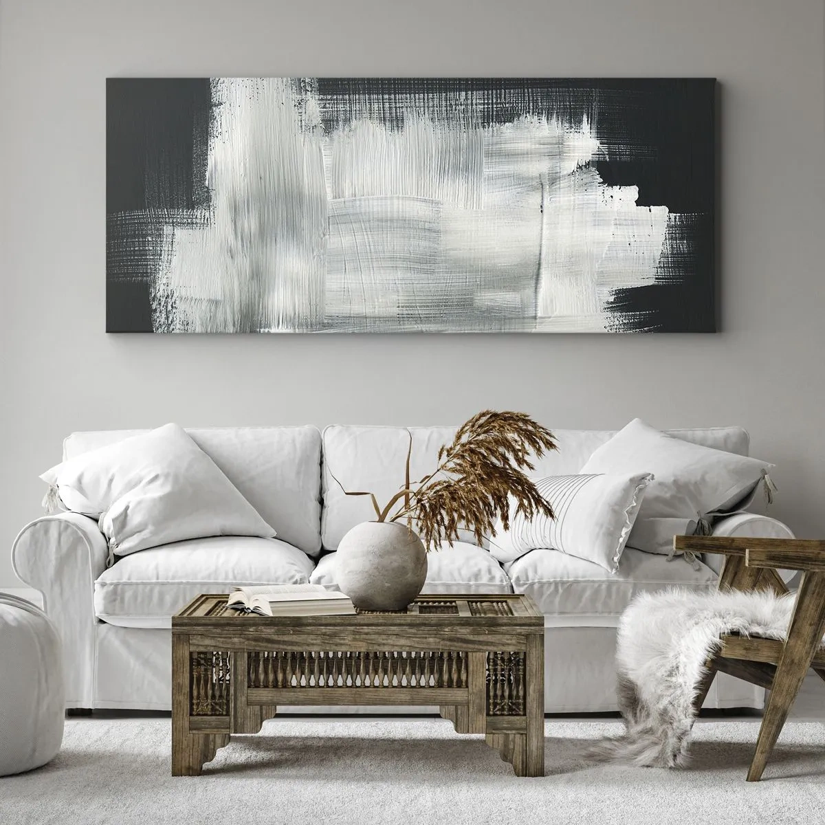 Impression sur toile - Image sur toile - Traits abstraits blancs sur fond sombre - 160x50cm - Tissé à la verticale et à l'horizontale - Décoration murale moderne pour le salon et la chambre ARTTOR