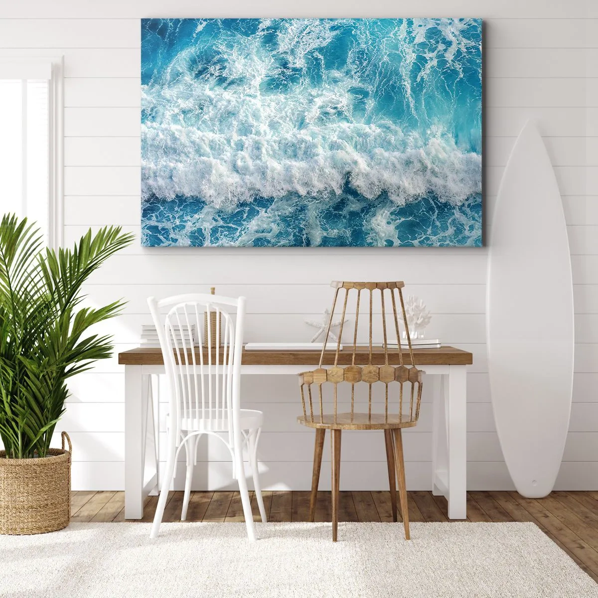 Impression sur toile - Image sur toile - Vagues océaniques dynamiques dans des tons de bleu - 70x50cm - Joyeusement et en sautant - Décoration murale moderne pour le salon et la chambre ARTTOR