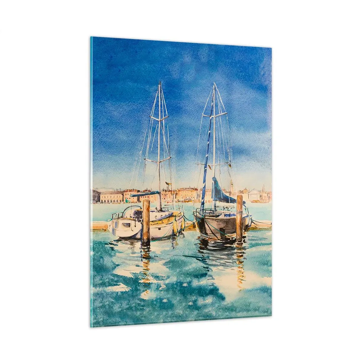 Impression sur verre - Image sur verre - Marina à l'aquarelle avec un phare et des yachts amarrés - 50x70cm - Lagune ensoleillée - Décoration murale moderne pour le salon et la chambre ARTTOR
