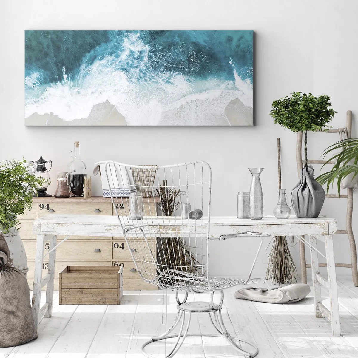 Impression sur toile - Image sur toile - Vagues turquoise de l'océan sur du sable clair - 120x50cm - Caresse naturelle - Décoration murale moderne pour le salon et la chambre ARTTOR