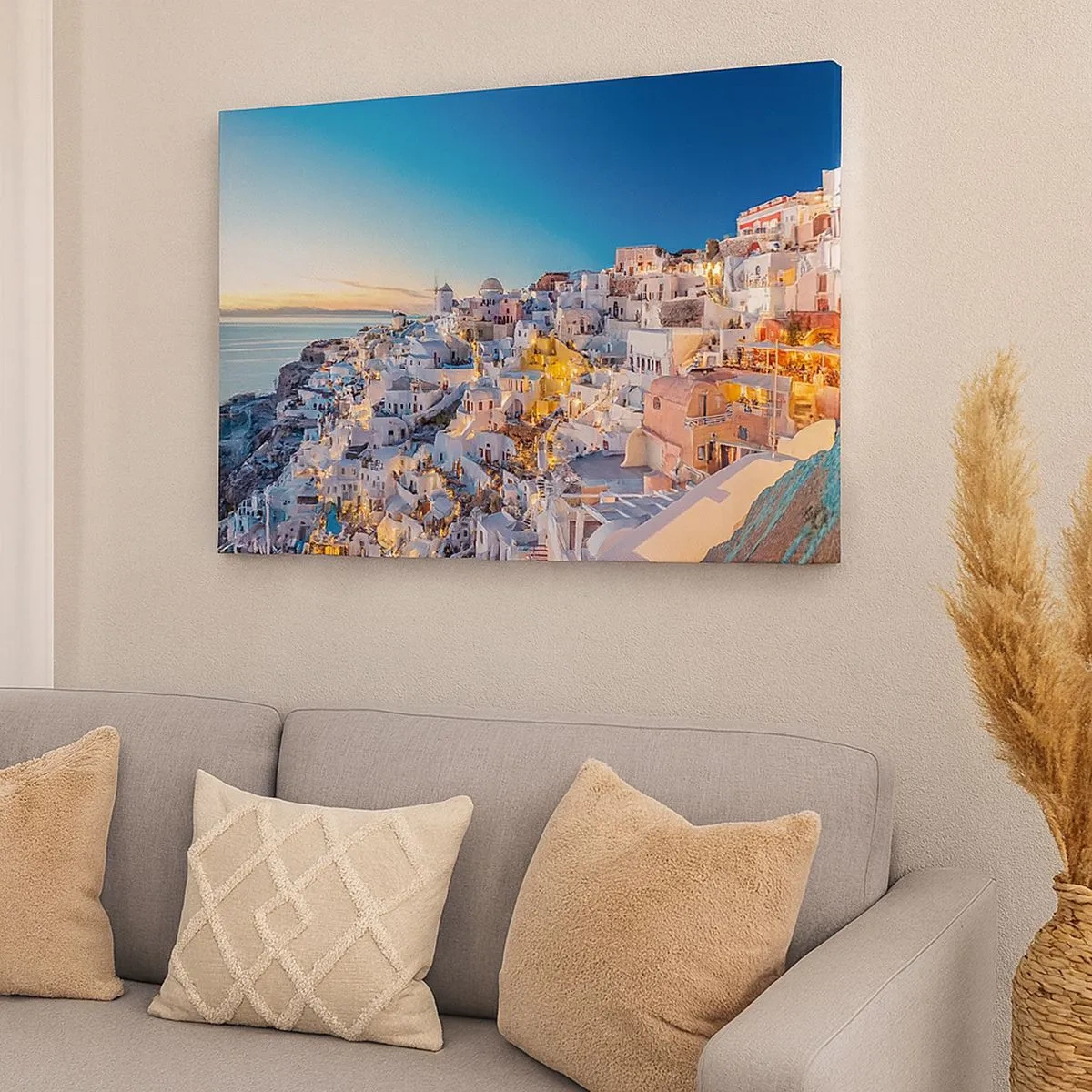Impression sur toile - Image sur toile - Vue d'une ville grecque au coucher du soleil - 70x50cm - L'essence de la grecque - Décoration murale moderne pour le salon et la chambre ARTTOR