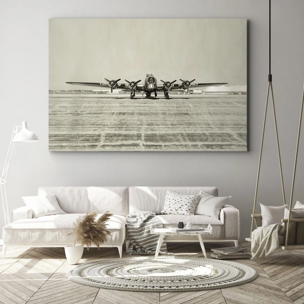 Impression sur toile - Image sur toile - Avion historique à l'aéroport en sépia - 70x50cm - Toujours prêt! - Décoration murale moderne pour le salon et la chambre ARTTOR