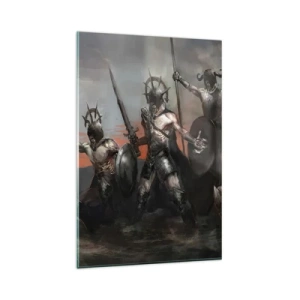 Impression sur verre - Image sur verre - Un groupe de guerriers en armure avec des lances sur fond de coucher de soleil - 80x120cm - Avec ou sur un bouclier - Décoration murale moderne pour le salon et la chambre ARTTOR