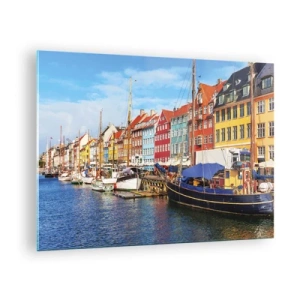 Impression sur verre - Image sur verre - Maisons colorées au bord des canaux de Copenhague - 70x50cm - Quai joyeux - Décoration murale moderne pour le salon et la chambre ARTTOR