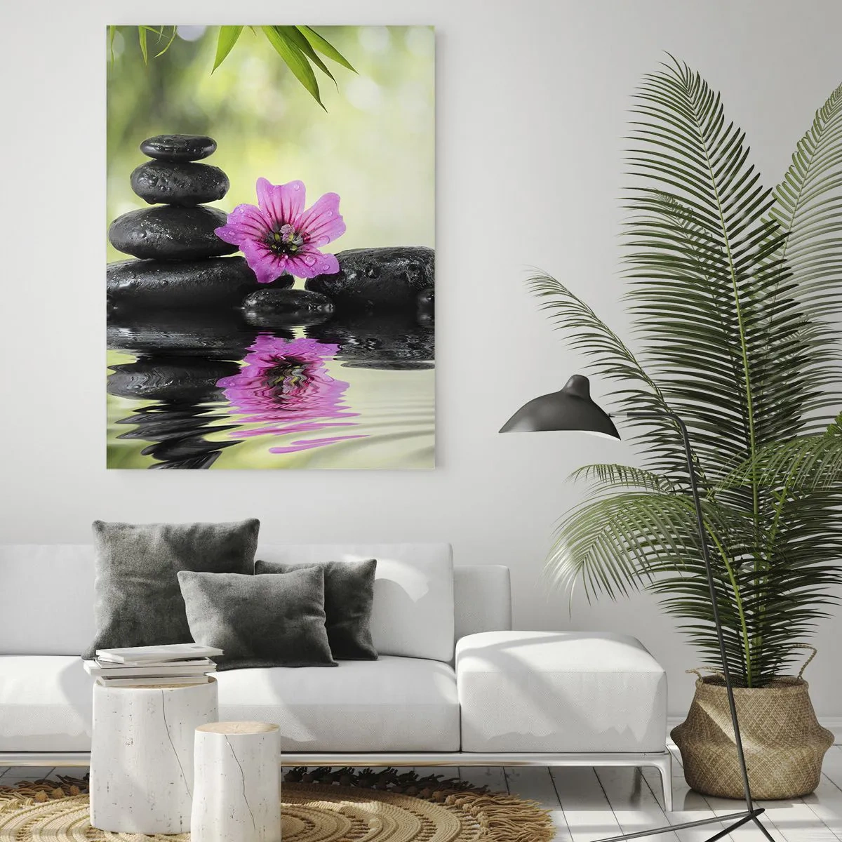 Impression sur verre - Image sur verre - Des pierres zen et une fleur rose se reflétant dans l'eau - 70x100cm - Temps pour l'âme - Décoration murale moderne pour le salon et la chambre ARTTOR