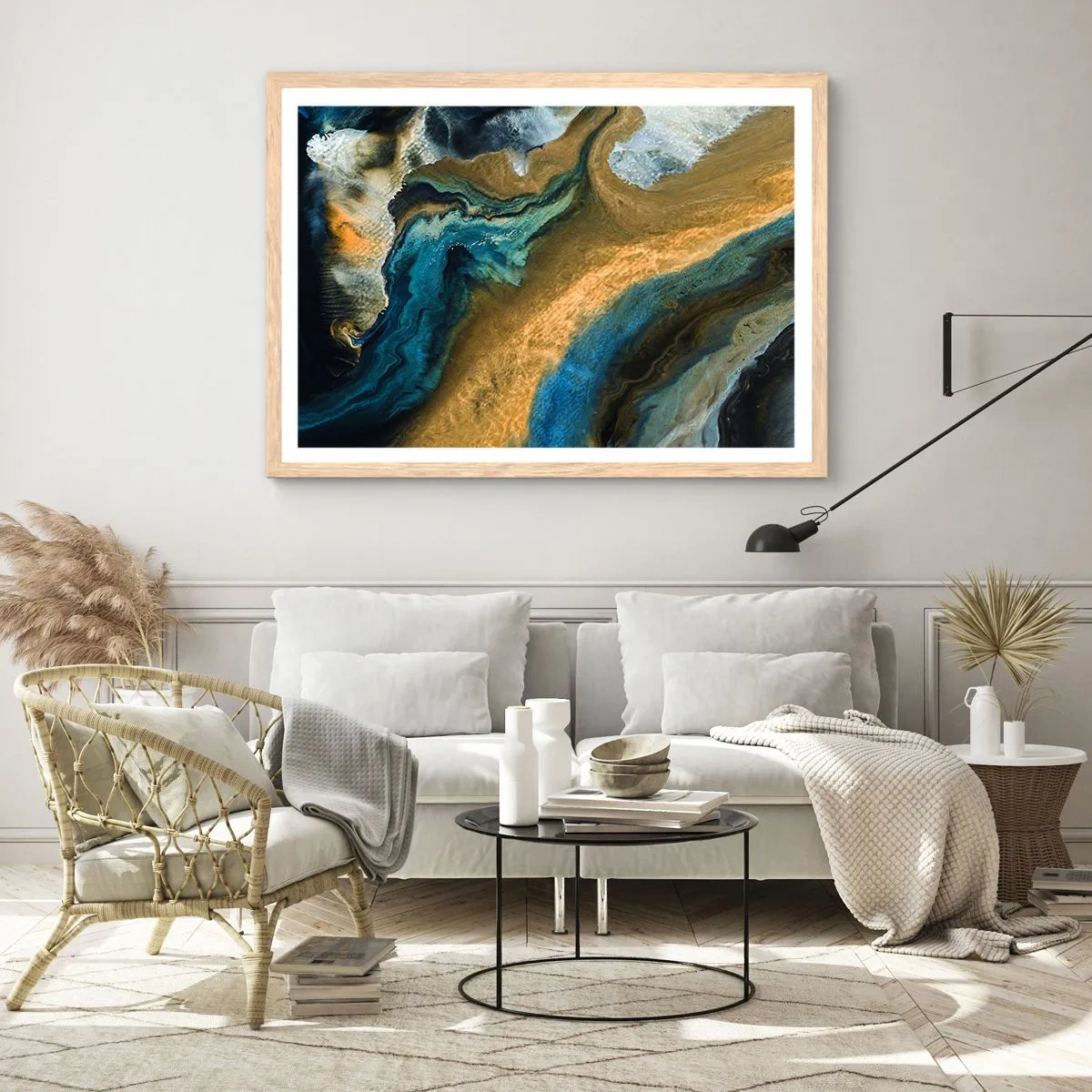 Affiche dans un chêne clair - Poster - Bleu - jaune - influences mutuelles - 40x30 cm