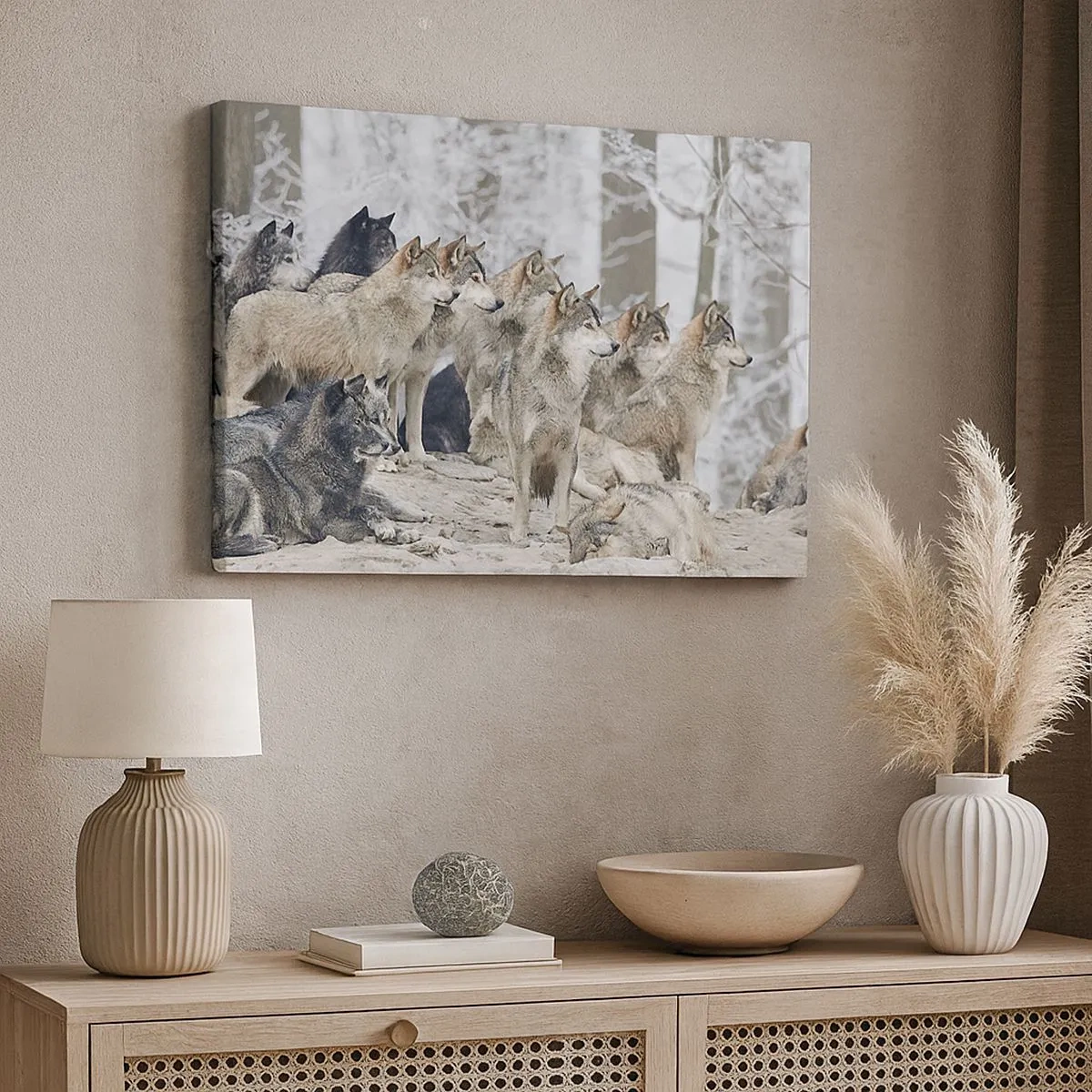 Impression sur toile - Image sur toile - Une meute de loups dans la forêt d'hiver - 70x50cm - Famille et amis - Décoration murale moderne pour le salon et la chambre ARTTOR