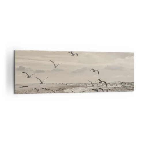 Impression sur toile - Image sur toile - Une mouette en vol au-dessus d'un paysage balnéaire - 160x50cm - Le bruit de la mer, le chant des oiseaux - Décoration murale moderne pour le salon et la chambre ARTTOR