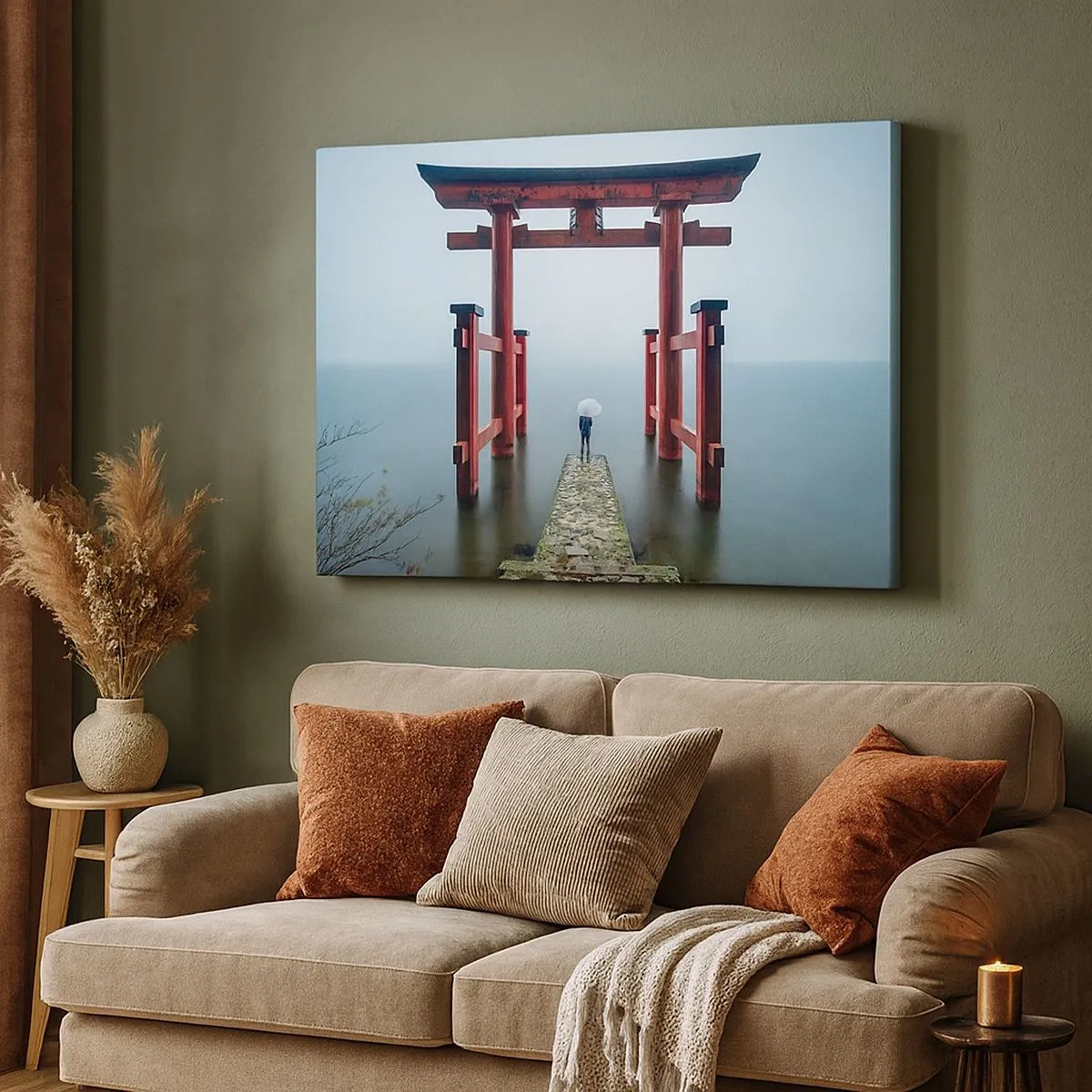 Impression sur toile - Image sur toile - Un portail torii surplombant un lac tranquille au Japon - 70x50cm - Rêverie japonnaise - Décoration murale moderne pour le salon et la chambre ARTTOR