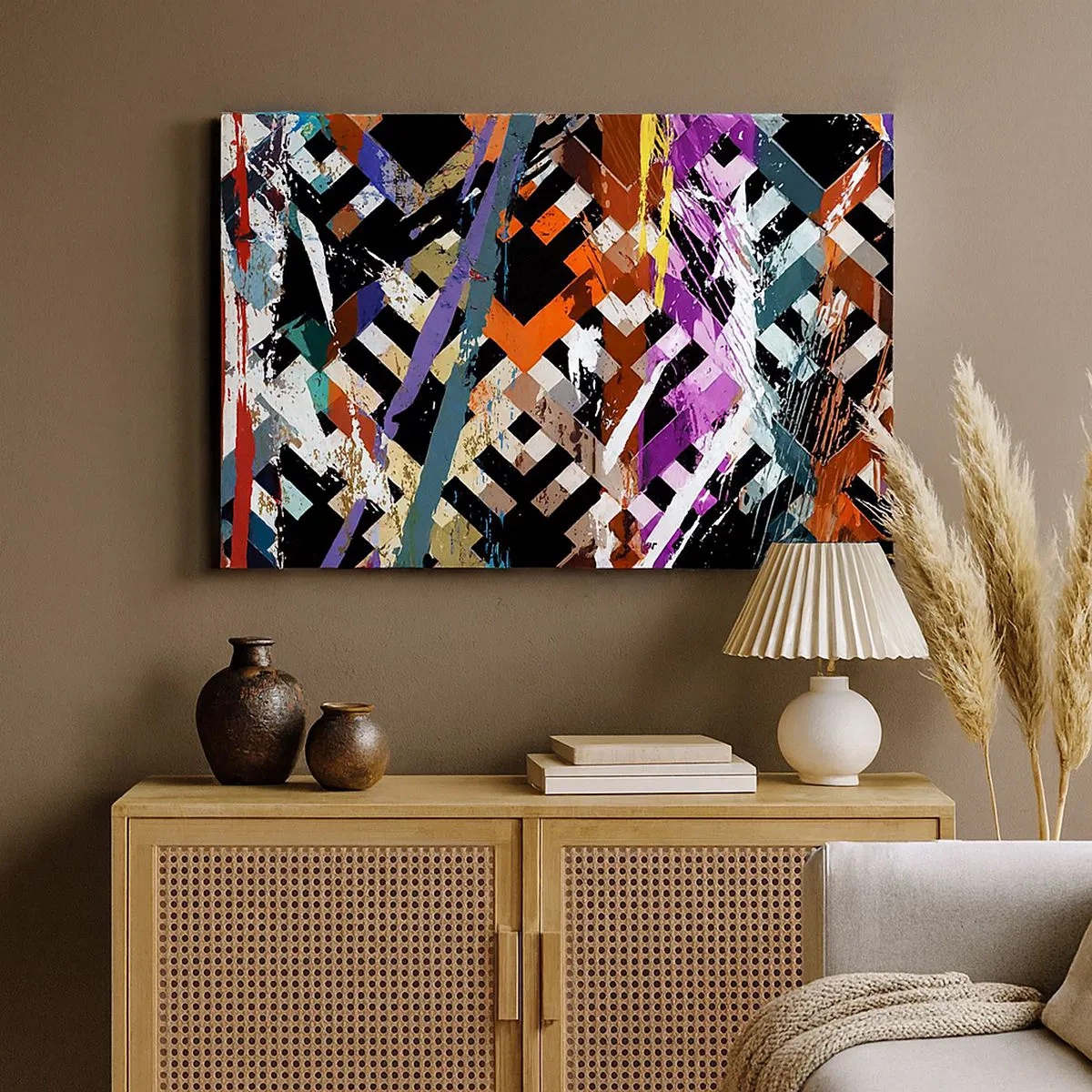 Impression sur toile - Image sur toile - Composition abstraite avec des lignes colorées sur fond noir - 70x50cm - Se mettre au carré - Décoration murale moderne pour le salon et la chambre ARTTOR