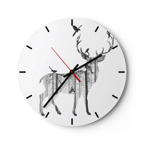 Horloge murale - Pendule murale - Silhouette d'un cerf remplie d'un motif de forêt et d'oiseaux - 30x30cm - La bonne âme de la forêt - Décoration murale moderne pour le salon, la cuisine et la chambre ARTTOR