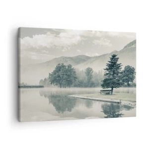 Impression sur toile - Image sur toile - Un lac pittoresque avec un banc et du brouillard en arrière-plan - 70x50cm - Le lac dort encore - Décoration murale moderne pour le salon et la chambre ARTTOR