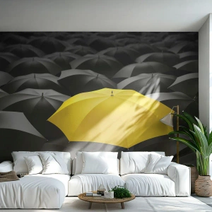Papier Peint Photo Standard Eco - Un parapluie jaune se détachant sur le fond noir - 100x70cm - Adieu chagrin - Décoration murale moderne pour le salon et la chambre ARTTOR