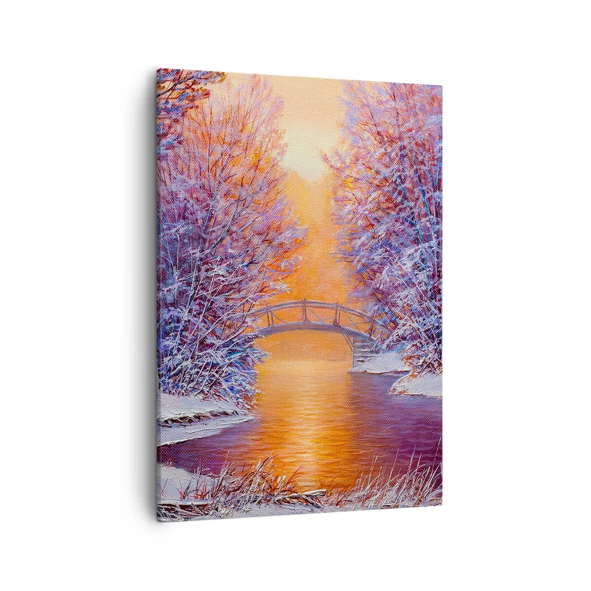 Impression sur toile - Image sur toile - Paysage d'hiver avec un pont et un coucher de soleil - 50x70cm - On se rencontre ici - Décoration murale moderne pour le salon et la chambre ARTTOR
