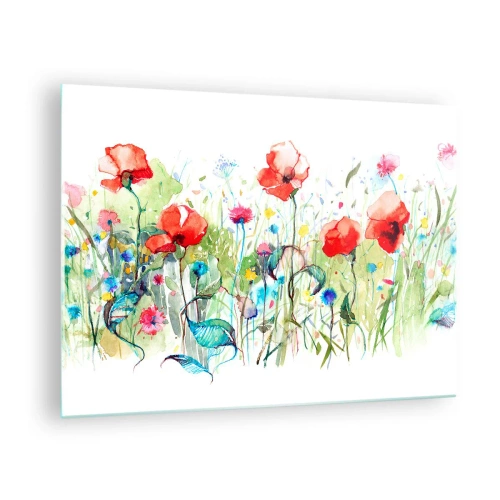 Impression sur verre - Image sur verre - Coquelicots colorés et fleurs sauvages dans un style aquarelle - 70x50cm - Prairie de fleurs en mai - Décoration murale moderne pour le salon et la chambre ARTTOR