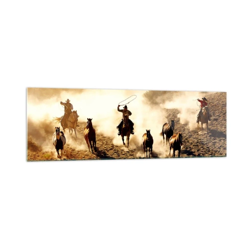 Impression sur verre - Image sur verre - Cowboys à cheval en action sur un terrain désertique - 160x50cm - L'ouest vraiment sauvage - Décoration murale moderne pour le salon et la chambre ARTTOR