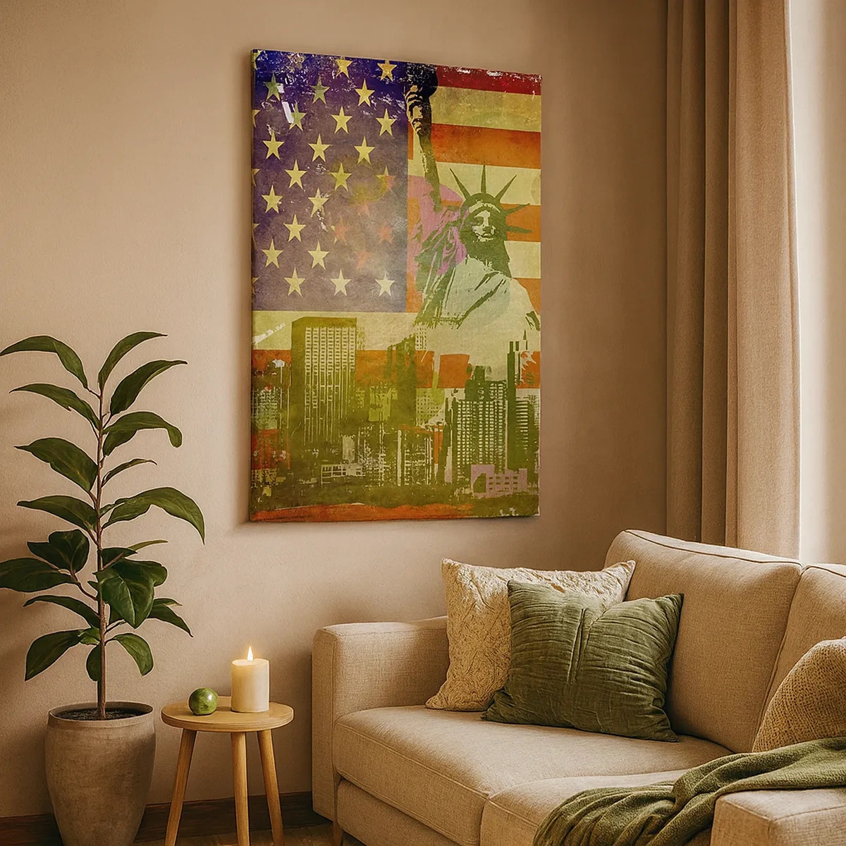 Impression sur toile - Image sur toile - La Statue de la Liberté avec en toile de fond le drapeau américain et les toits de la ville - 50x70cm - Vive l'Amérique! - Décoration murale moderne pour le salon et la chambre ARTTOR