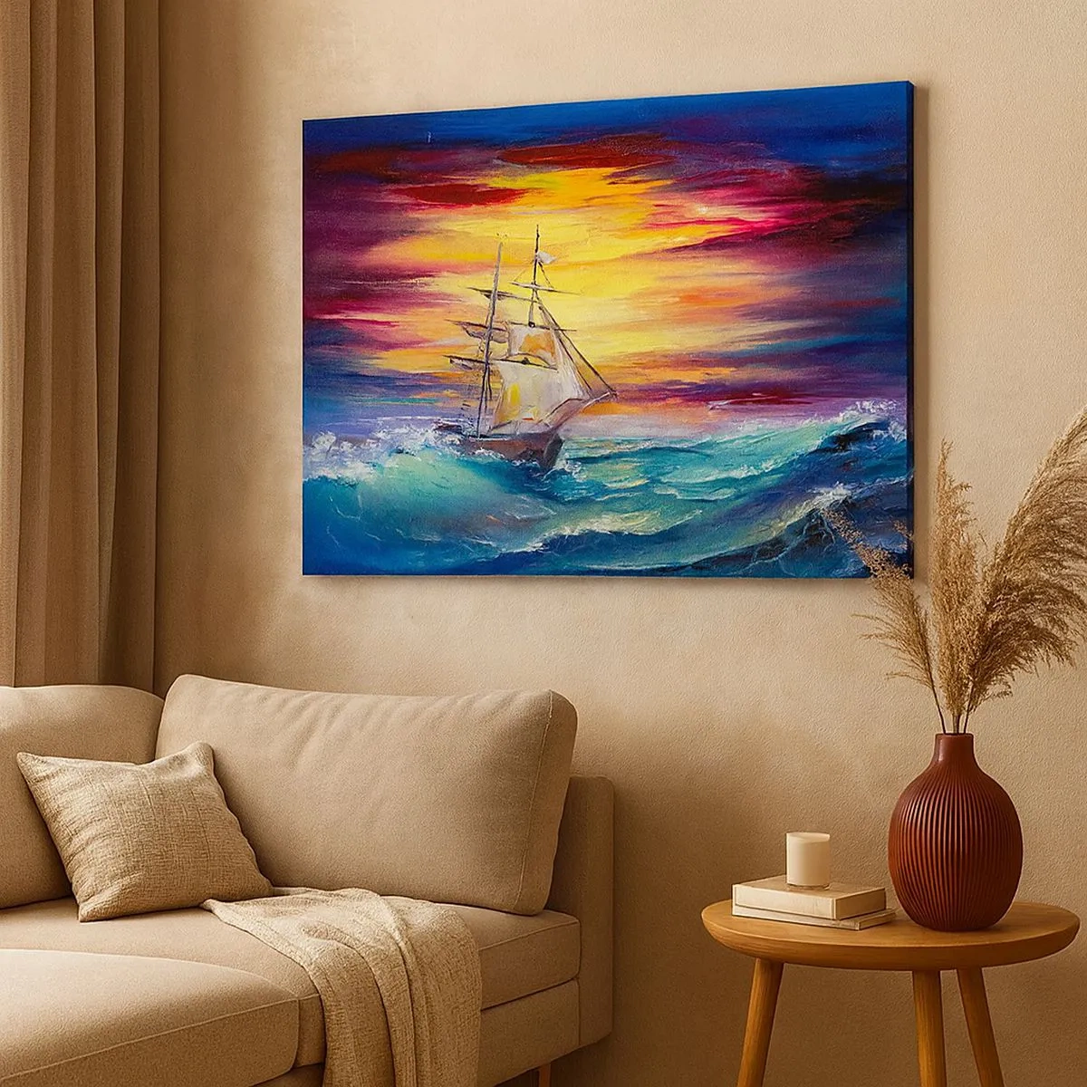 Impression sur toile - Image sur toile - Un voilier sur fond de coucher de soleil coloré - 70x50cm - Courageusement sous les vagues - Décoration murale moderne pour le salon et la chambre ARTTOR