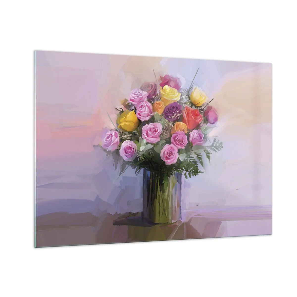 Impression sur verre - Image sur verre - Un bouquet de roses dans un vase en verre sur fond pastel - 100x70cm - Beauté conservée - Décoration murale moderne pour le salon et la chambre ARTTOR