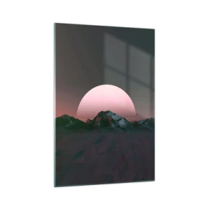Impression sur verre - Image sur verre - Montagnes géométriques avec le soleil couchant en arrière-plan - 70x100cm - Dans une galaxie voisine - Décoration murale moderne pour le salon et la chambre ARTTOR