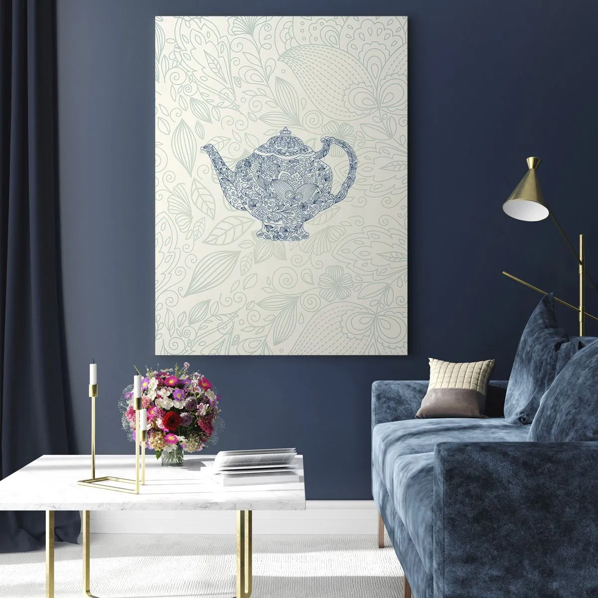 Impression sur verre - Image sur verre - Dessin décoratif d'une théière avec des ornements bleus - 80x120cm - Le charme du thé - Décoration murale moderne pour le salon et la chambre ARTTOR