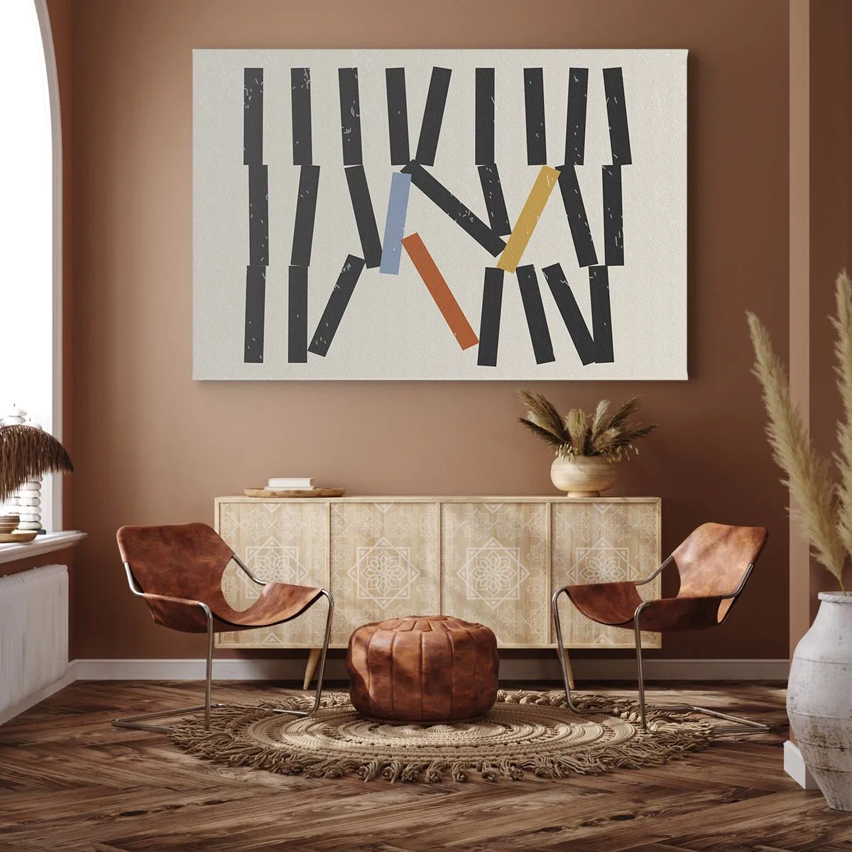 Impression sur toile - Image sur toile - Composition abstraite avec des rectangles colorés et noirs - 120x80cm - Dominos – composition - Décoration murale moderne pour le salon et la chambre ARTTOR