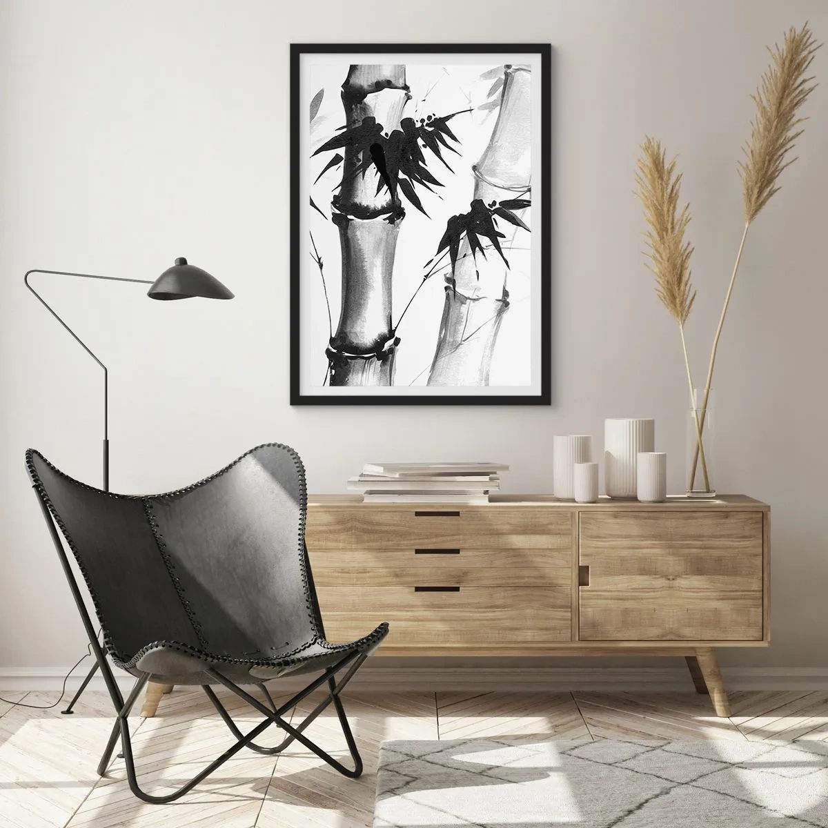 Affiche dans un cadre noir - Poster - Tiges et feuilles de bambou dans un style noir et blanc - 50x70cm - Gros plan sur l'orient - Décoration murale moderne pour le salon et la chambre ARTTOR