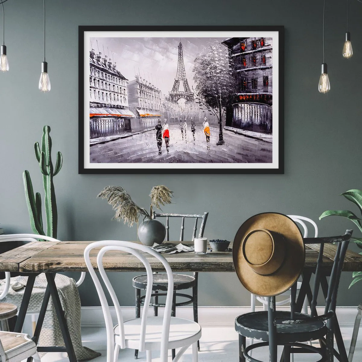 Affiche dans un cadre noir - Poster - Une vue de la Tour Eiffel dans un décor monochrome avec des touches de couleur - 70x50cm - Balade parisienne - Décoration murale moderne pour le salon et la chambre ARTTOR