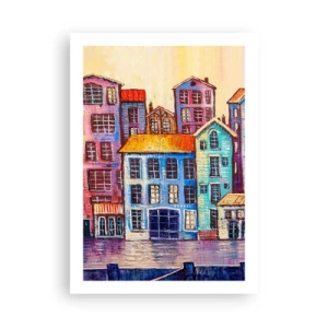 Affiche - Poster - Maisons colorées au bord de l'eau dans un style pictural - 50x70cm - Une ville comme dans un conte de fées - Décoration murale moderne pour le salon et la chambre ARTTOR
