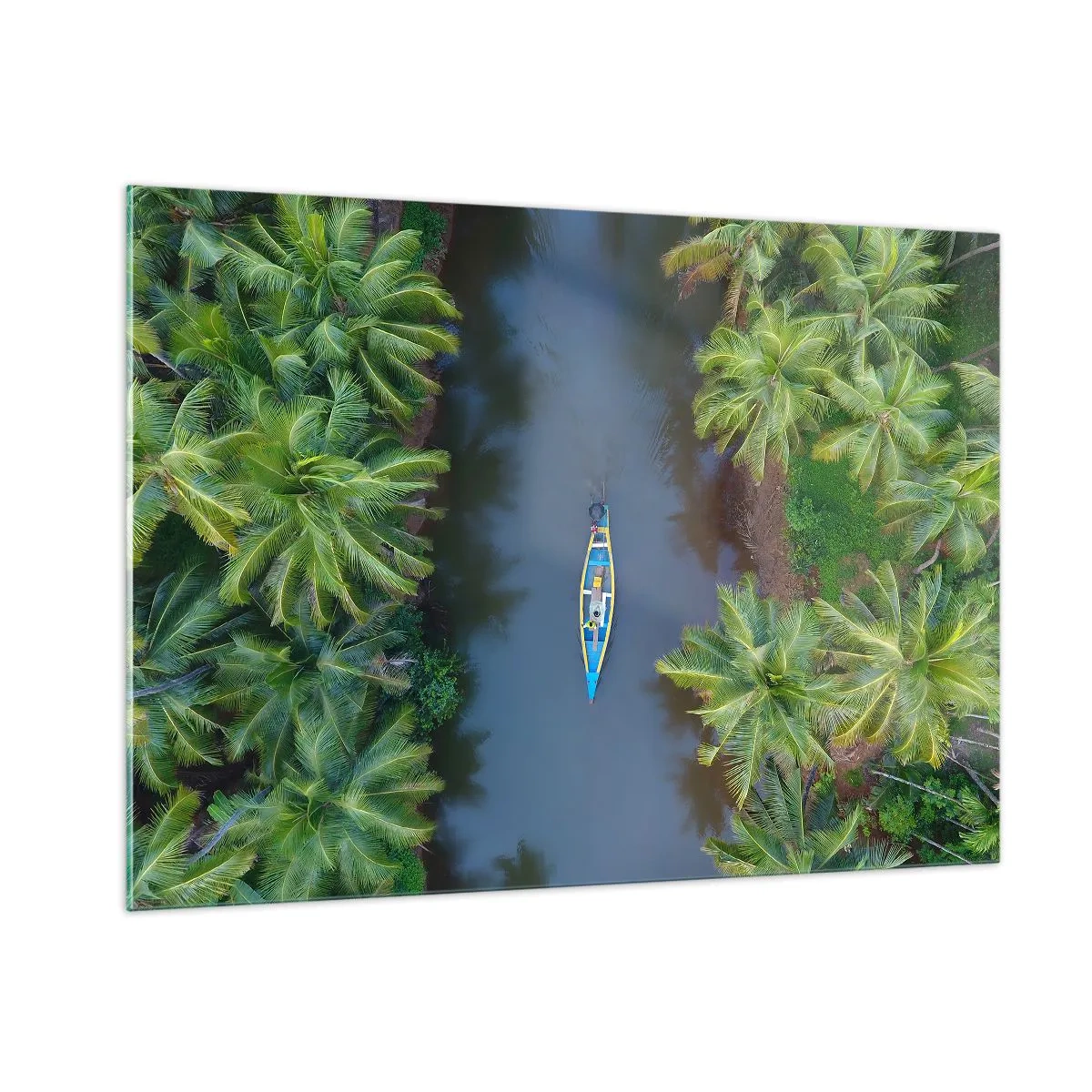 Impression sur verre - Image sur verre - Vue aérienne d'un bateau naviguant dans un canal parmi des palmiers tropicaux - 100x70cm - Sur un sentier tropical - Décoration murale moderne pour le salon et la chambre ARTTOR