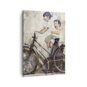 Impression sur toile - Image sur toile - Street art avec un vélo et des dessins d'enfants sur le mur - 50x70cm - Vrai ou faux? - Décoration murale moderne pour le salon et la chambre ARTTOR